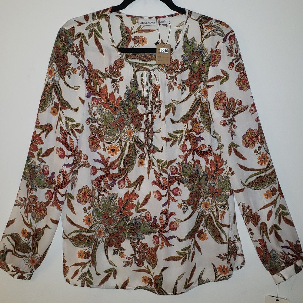 (NWT) Liz Claiborne "Sketches of Spain" Floral Long Sleeve Blouse.  Size L.